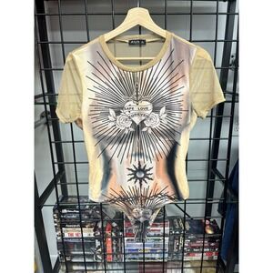 Vintage Y2K Julia Beige Mesh Tattooed Love Forever Grunge Body Suit Size XL